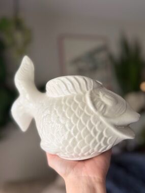 Vintage Hollywood Regency White Ceramic Fish Planter Coastal Glam Nautical Decor